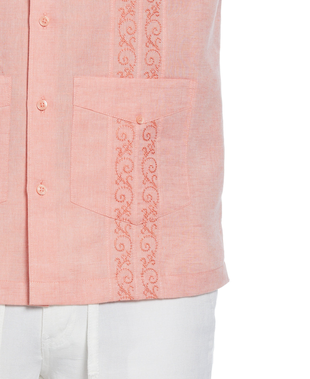 Linen Blend Embroidered Panel Guayabera Shirt (Coral) 