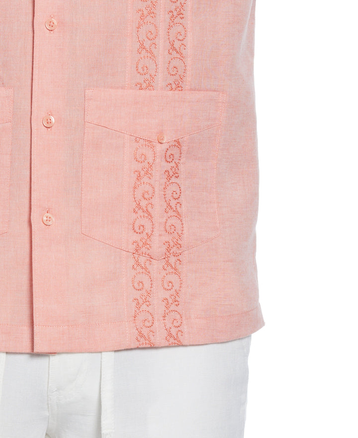 Linen Blend Embroidered Panel Guayabera Shirt (Coral) 