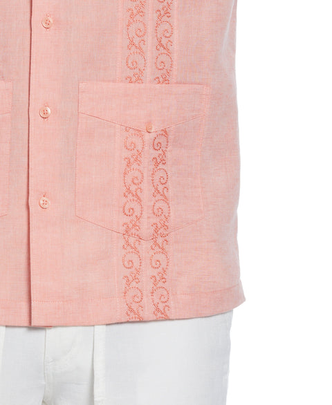 Linen Blend Embroidered Panel Guayabera Shirt (Coral) 