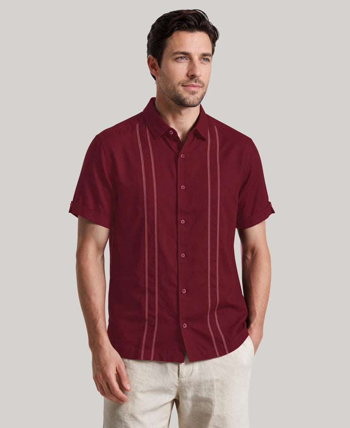Linen Blend Embroidered Panel Shirt (Biking Red) 