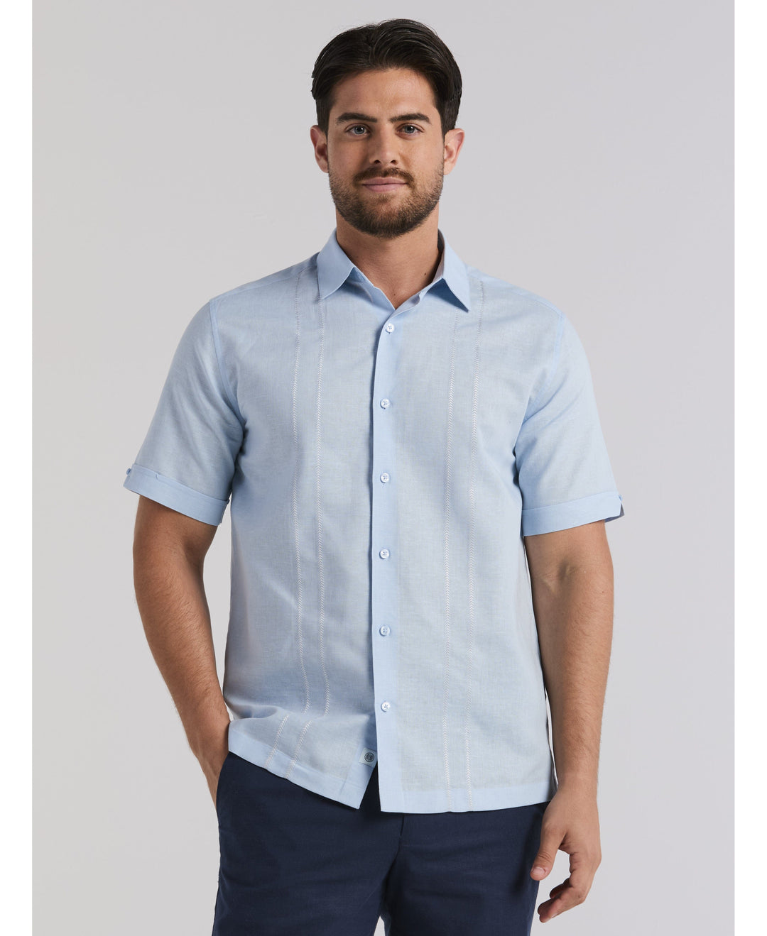Linen Blend Embroidered Panel Shirt-Casual Shirts-Clear Sky-S-Cubavera
