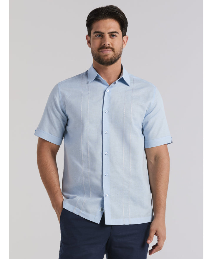 Linen Blend Embroidered Panel Shirt-Casual Shirts-Clear Sky-S-Cubavera