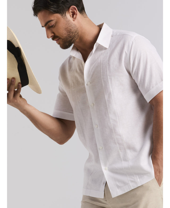 Linen Blend Embroidered Panel Shirt-Casual Shirts-Cubavera