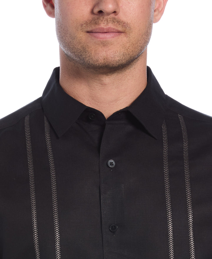 Linen Blend Embroidered Panel Shirt (Jet Black) 