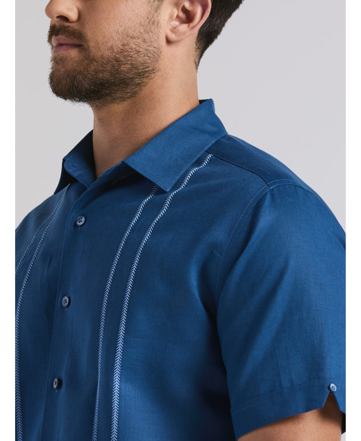 Linen Blend Embroidered Panel Shirt-Casual Shirts-Cubavera