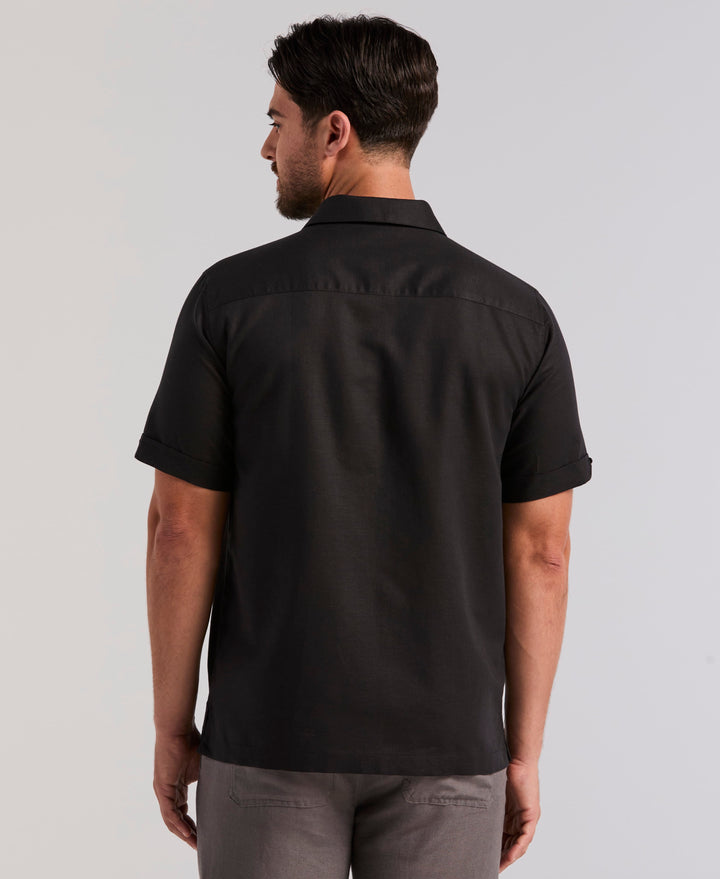 Linen Blend Embroidered Panel Shirt (Jet Black) 
