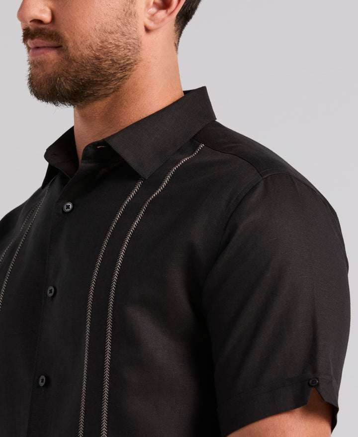 Linen Blend Embroidered Panel Shirt (Jet Black) 