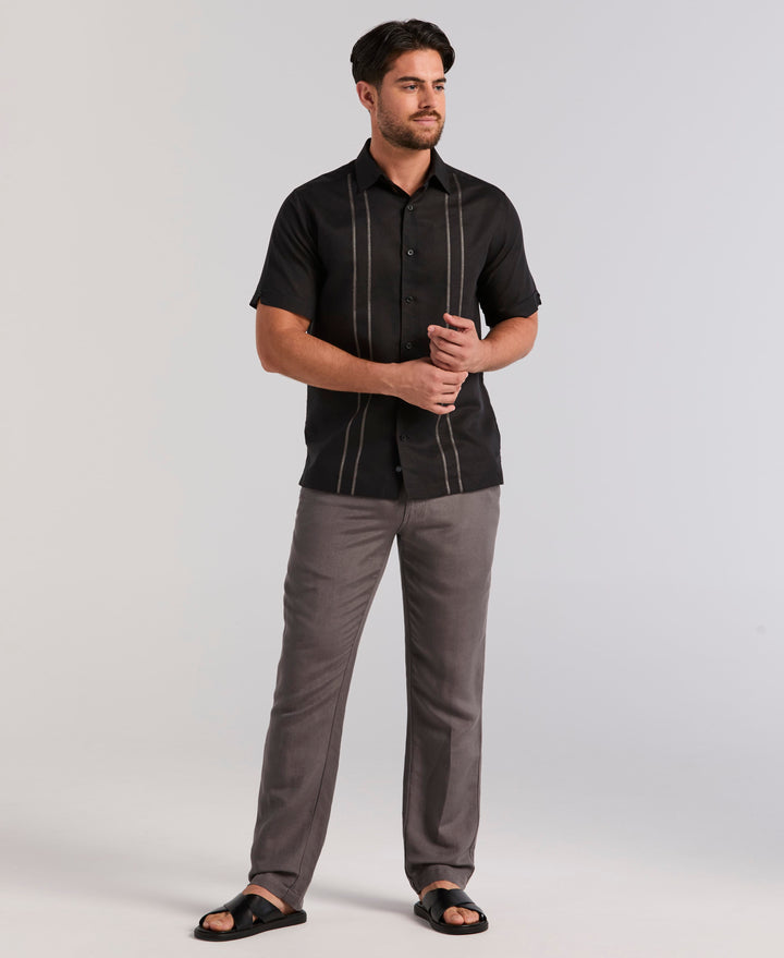 Linen Blend Embroidered Panel Shirt (Jet Black) 