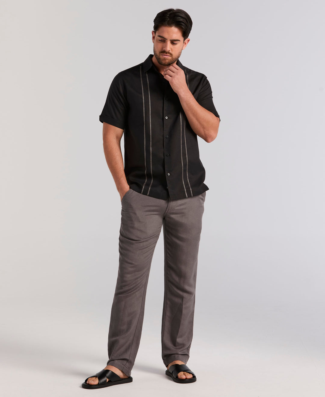 Linen Blend Embroidered Panel Shirt (Jet Black) 