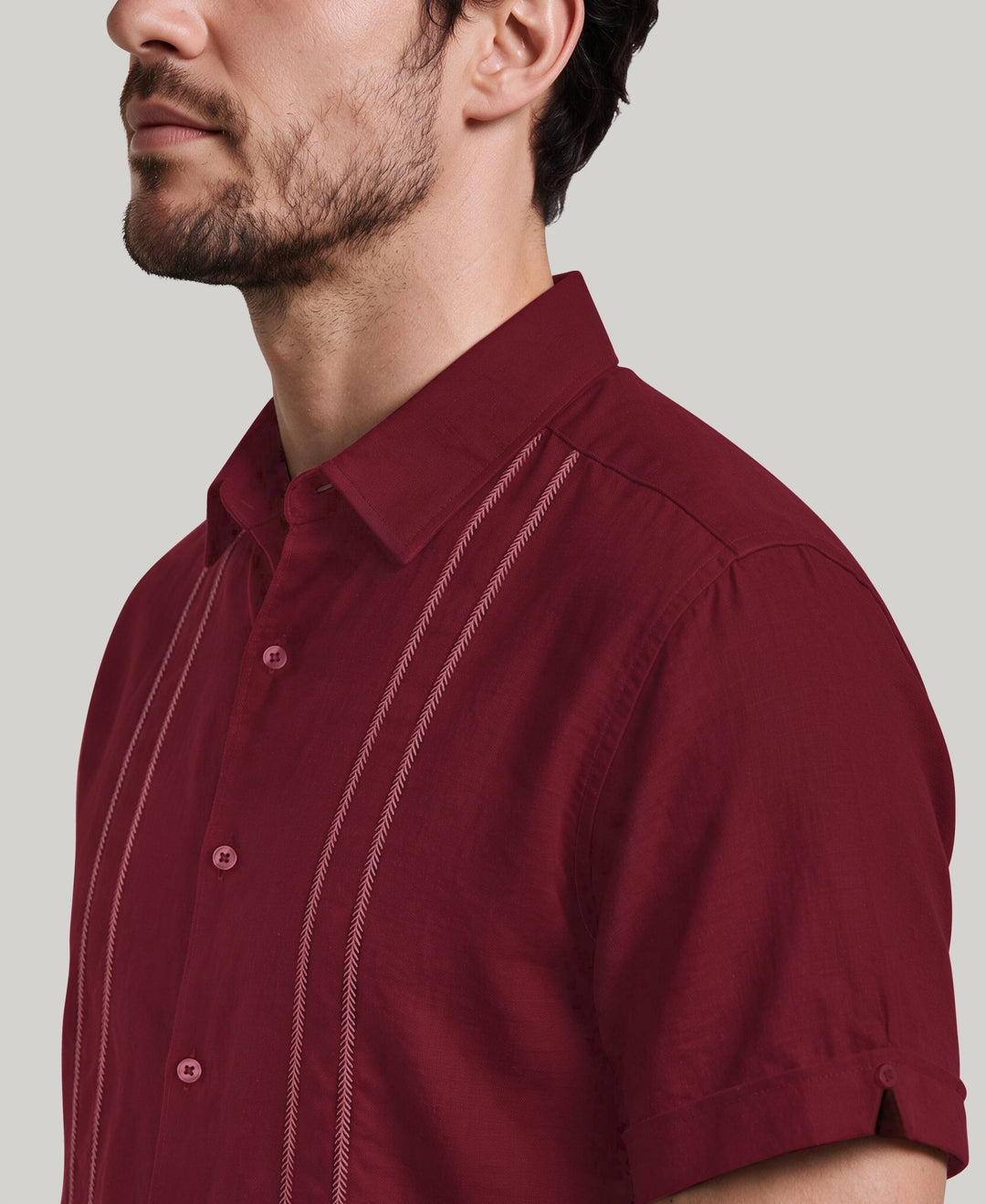 Linen Blend Embroidered Panel Shirt (Biking Red) 