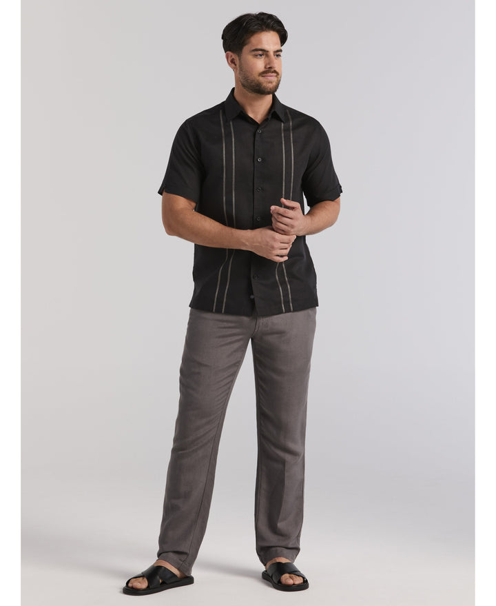 Linen Blend Embroidered Panel Shirt-Casual Shirts-Cubavera