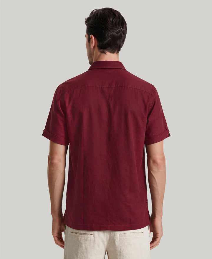 Linen Blend Embroidered Panel Shirt (Biking Red) 