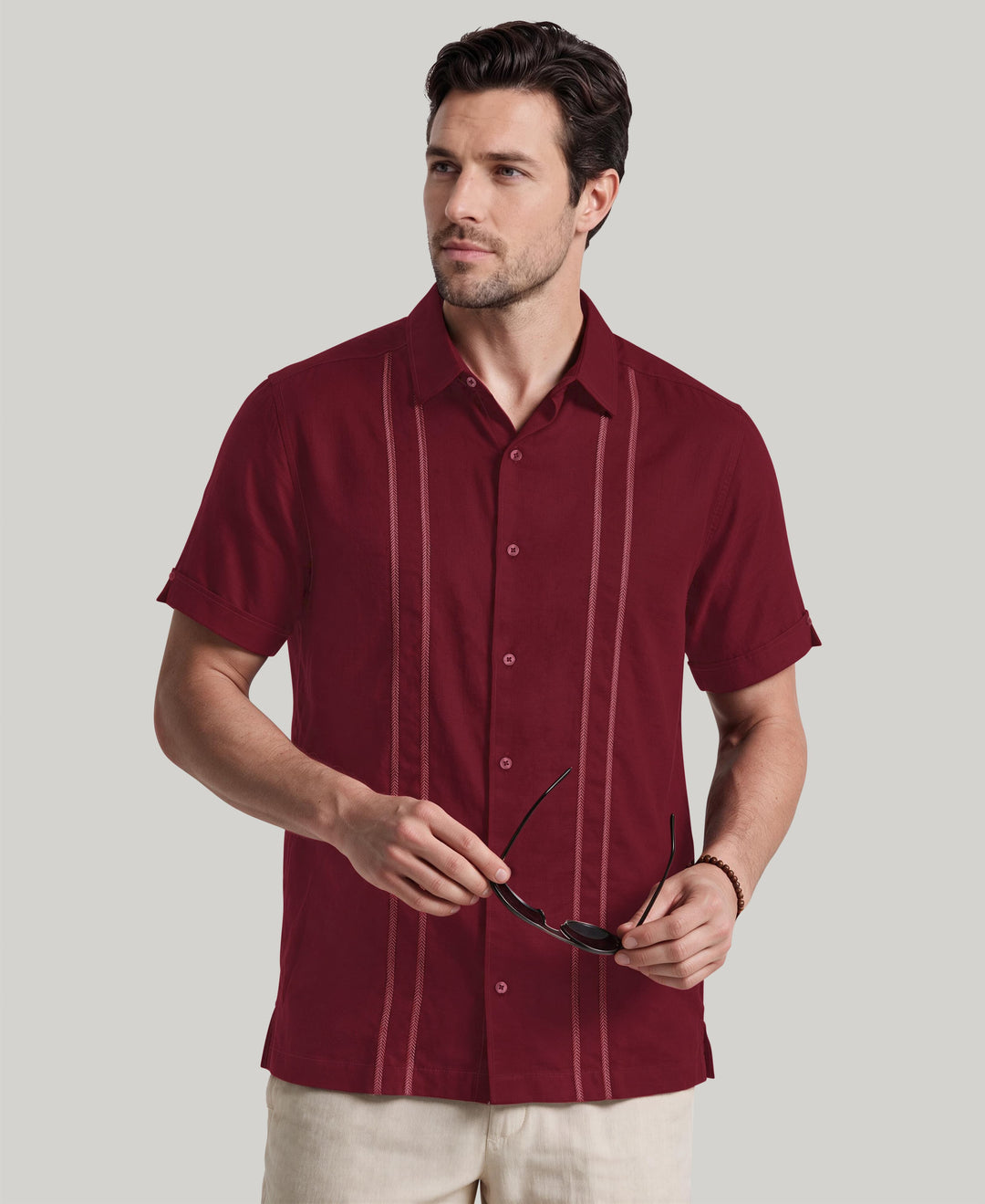 Linen Blend Embroidered Panel Shirt (Biking Red) 
