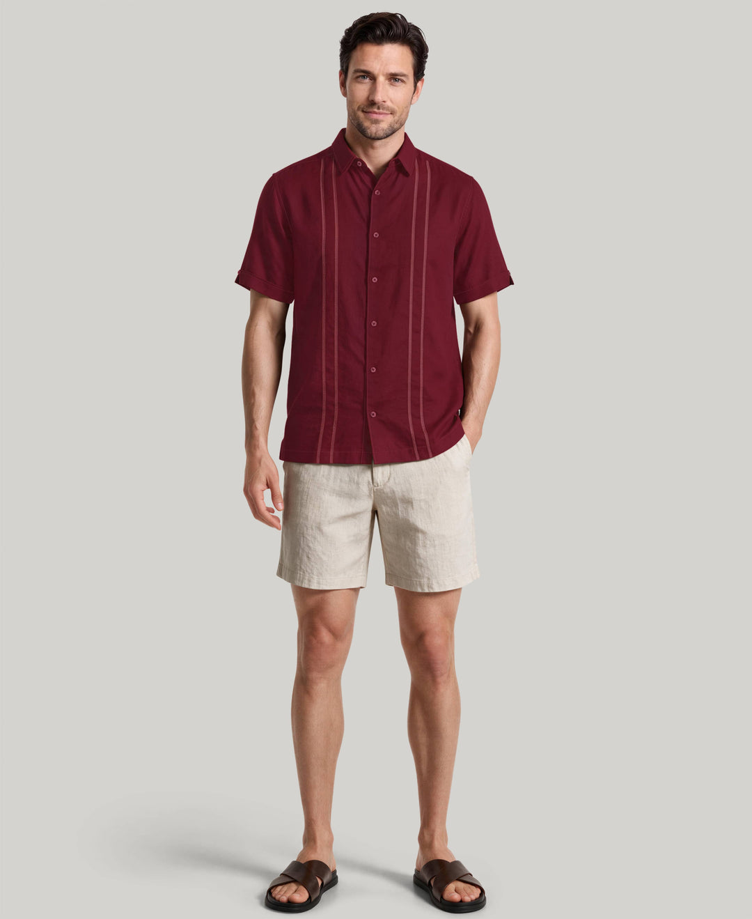 Linen Blend Embroidered Panel Shirt (Biking Red) 