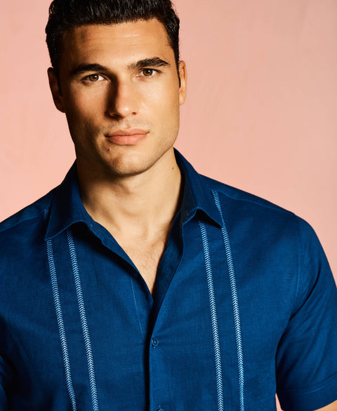 Linen Blend Embroidered Panel Shirt-Casual Shirts-Cubavera