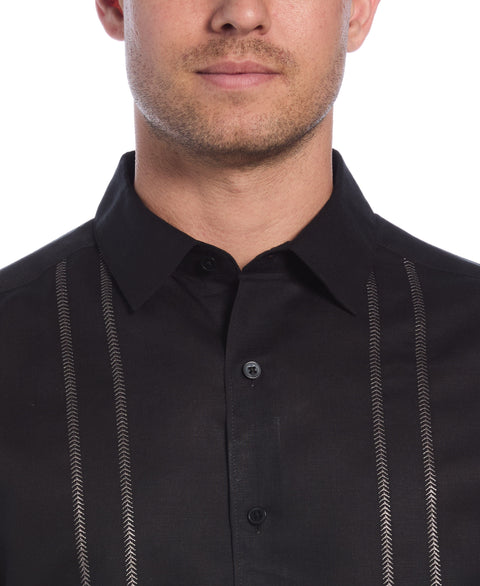 Linen Blend Embroidered Panel Shirt (Jet Black) 