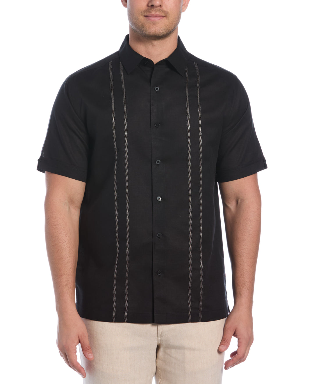 Linen Blend Embroidered Panel Shirt (Jet Black) 