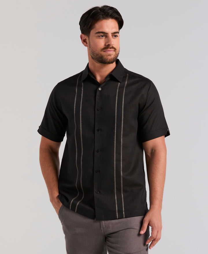 Linen Blend Embroidered Panel Shirt (Jet Black) 