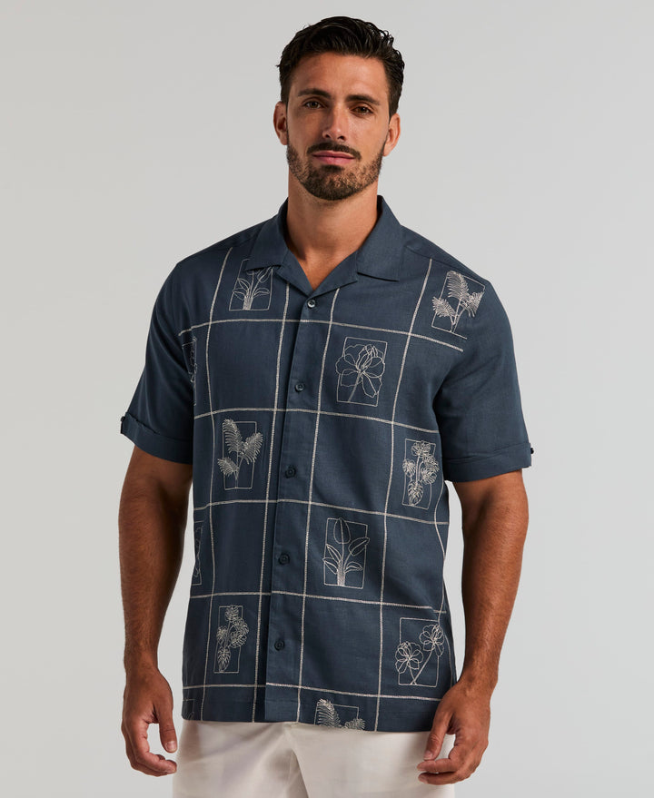 Linen Blend Embroidered Tropical Guayabera Shirt (Big Dipper) 