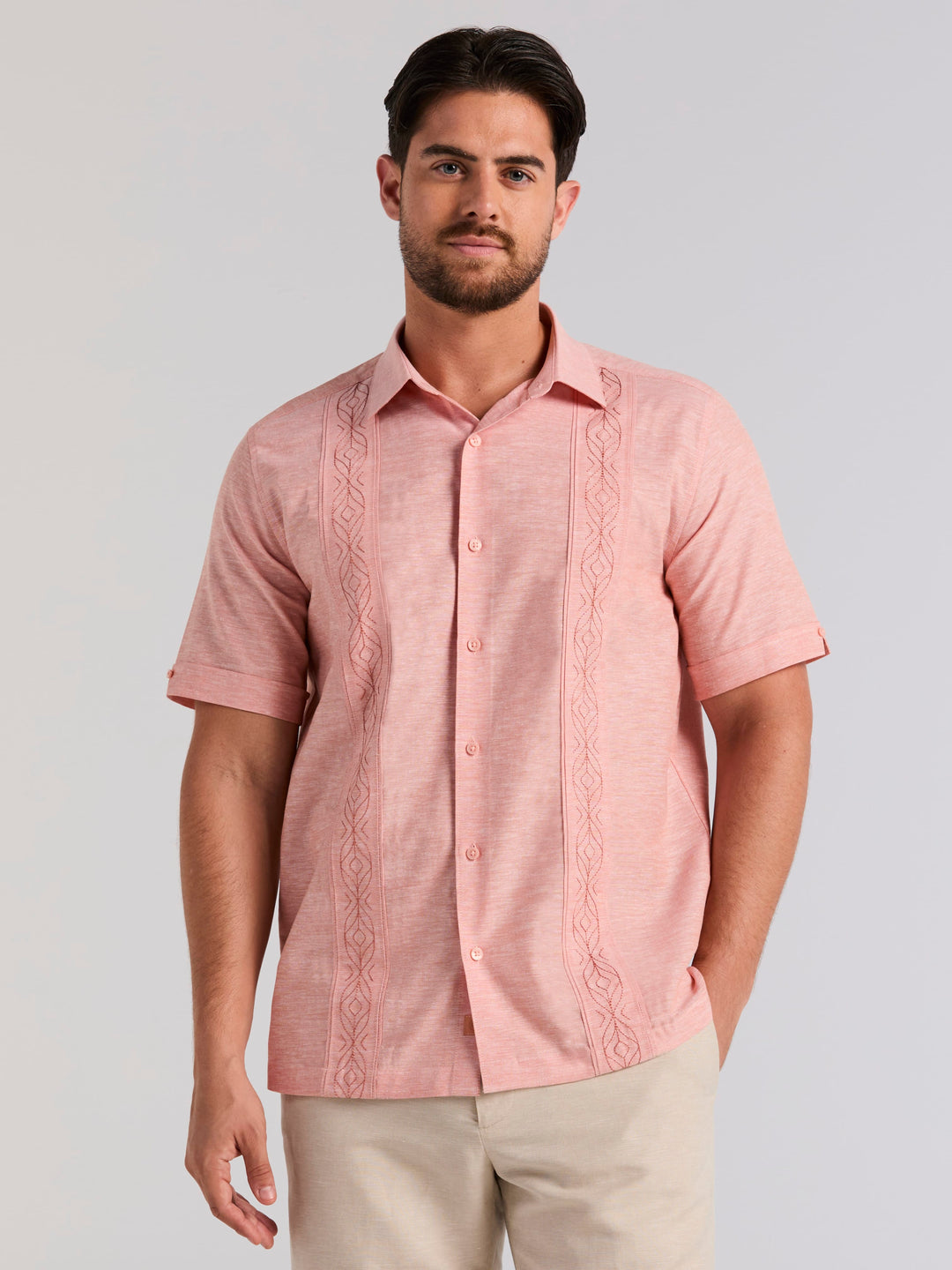 Linen Blend Embroidered Tuck Shirt (Brandied Melon) 