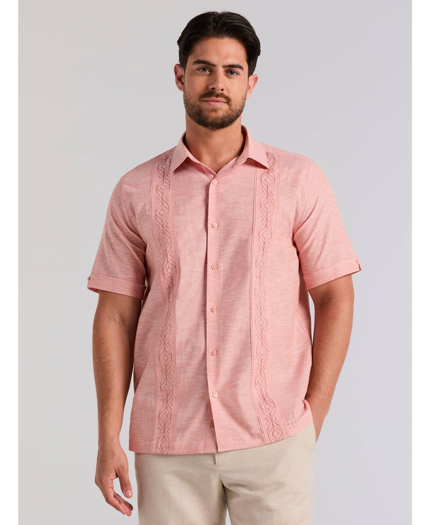 Cubavera Men's Linen Blend Embroidered Tuck Short Sleeve Shirt in Brandied Melon, Size XL, Cotton Blend