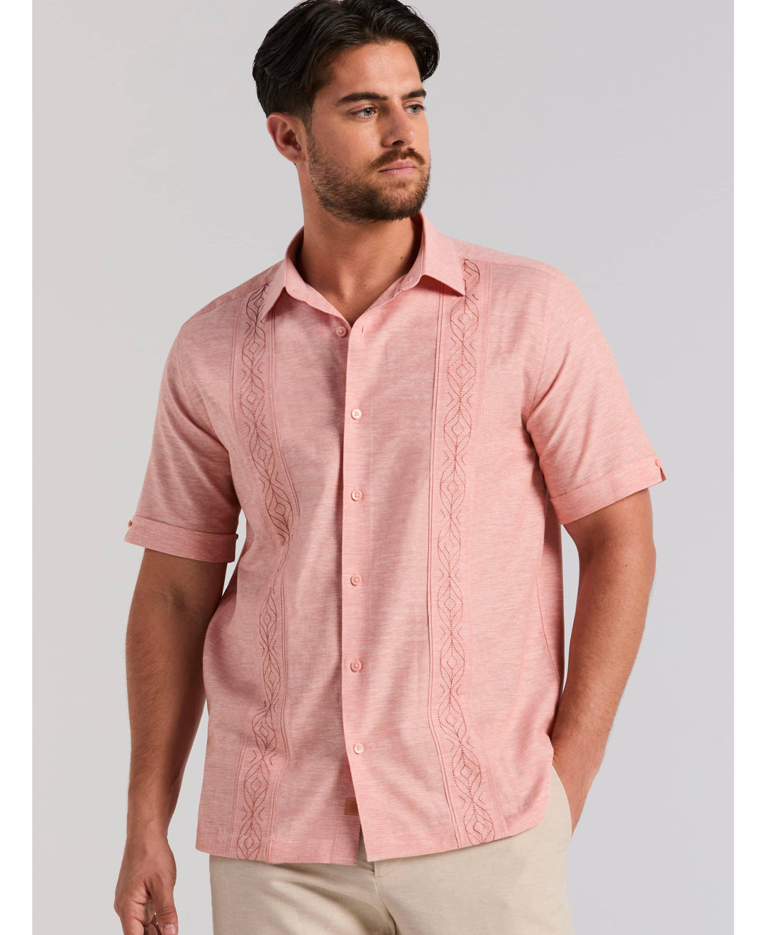 Linen Blend Embroidered Tuck Shirt-Casual Shirts-Cubavera