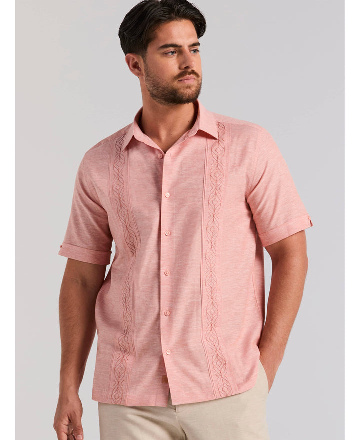Linen Blend Embroidered Tuck Shirt-Casual Shirts-Cubavera