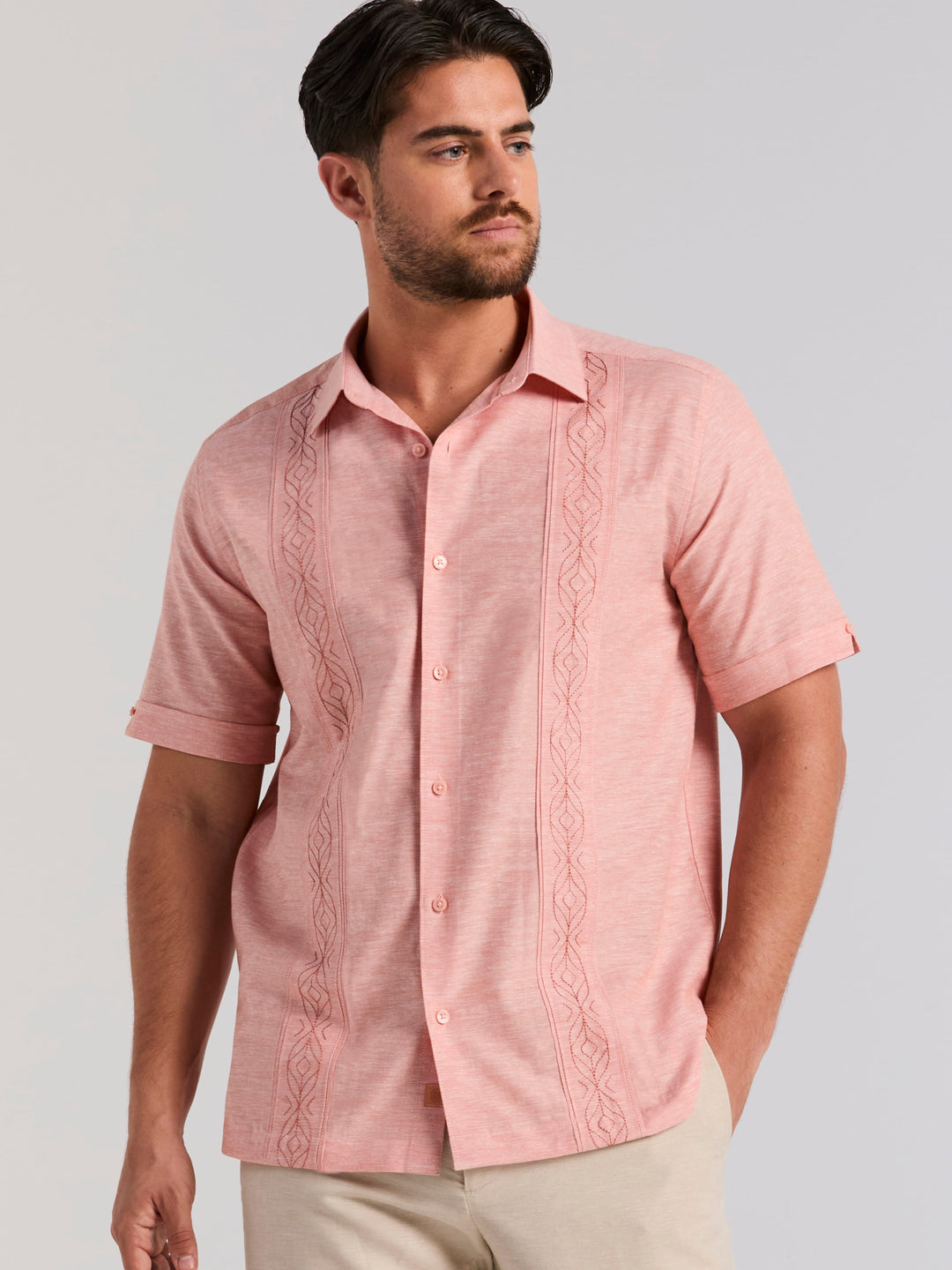 Linen Blend Embroidered Tuck Shirt (Brandied Melon) 
