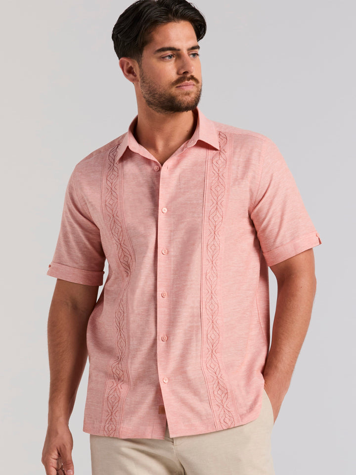 Linen Blend Embroidered Tuck Shirt (Brandied Melon) 