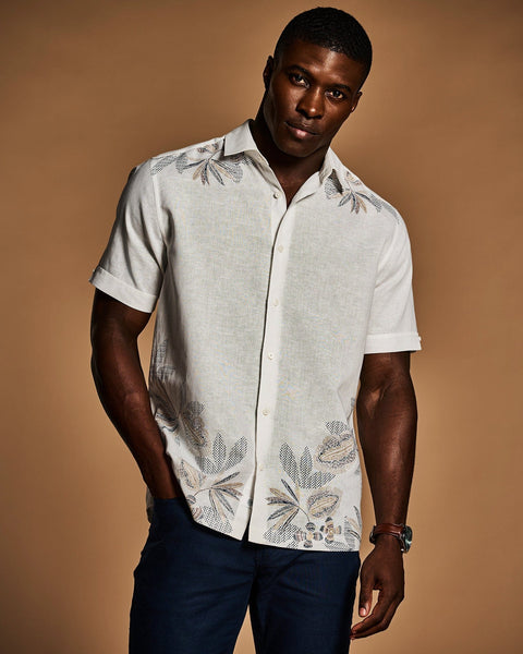 Linen Blend Engineered Floral Print Shirt-Casual Shirts-Cubavera