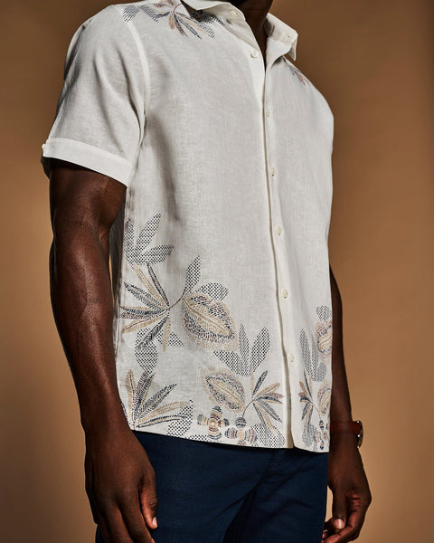 Linen Blend Engineered Floral Print Shirt-Casual Shirts-Cubavera