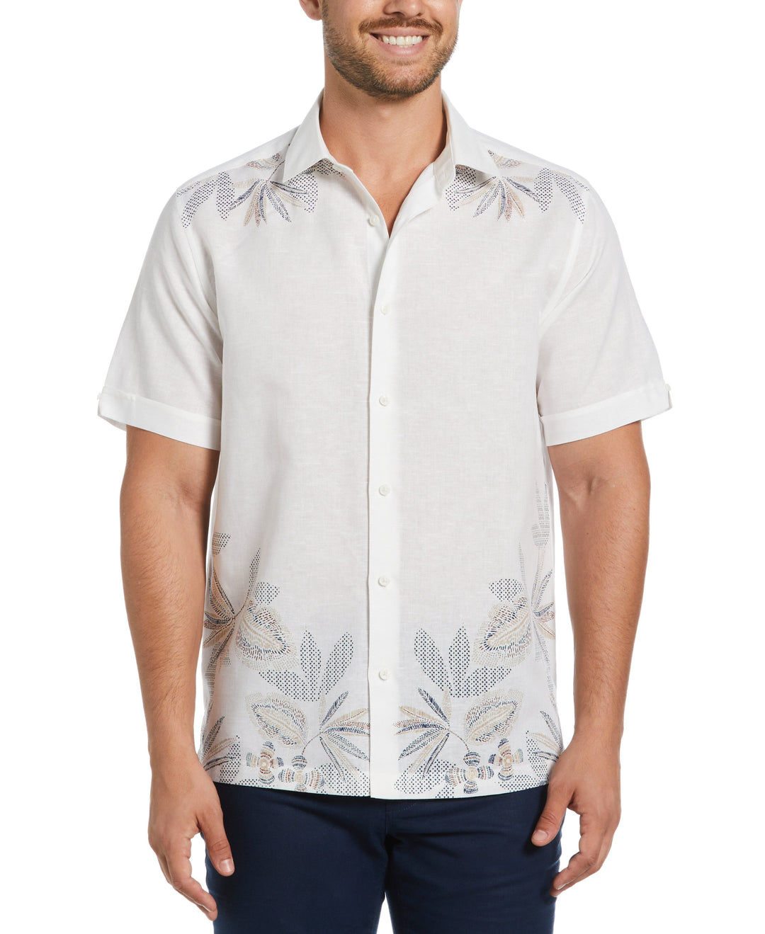 Linen Blend Engineered Floral Print Shirt (Brilliant White) 