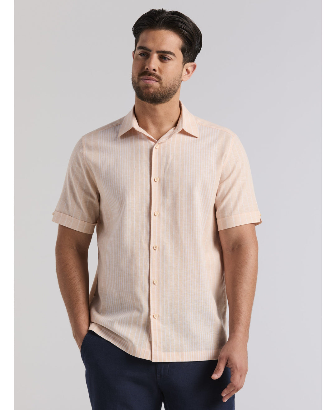Linen Blend Engineered Stripe Shirt-Casual Shirts-Almond Cream-S-Cubavera