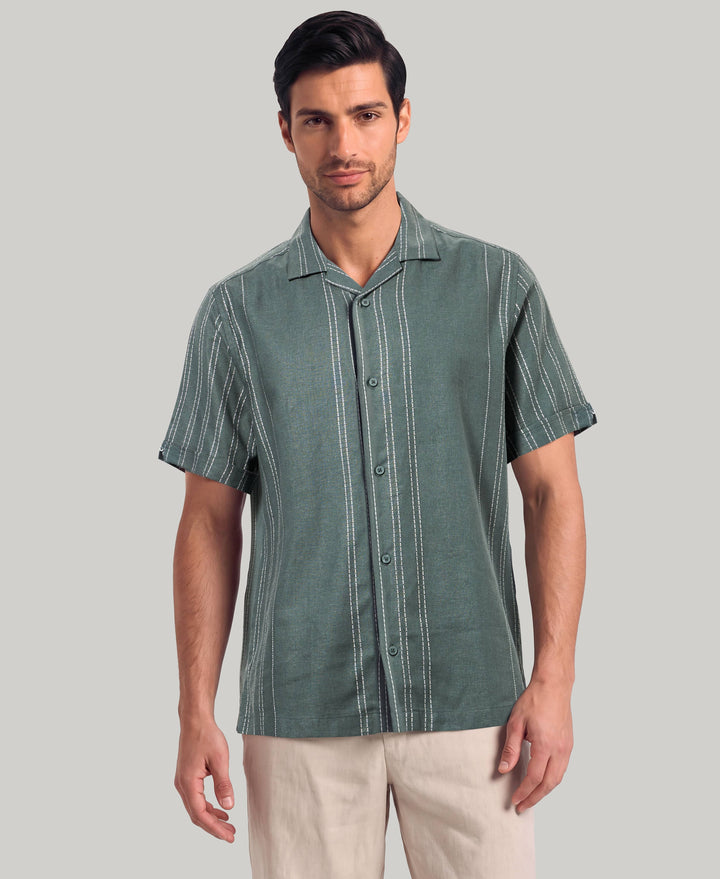 Linen Blend Engineered Stripe Shirt (Balsam Green) 