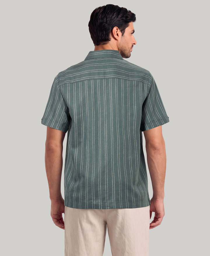 Linen Blend Engineered Stripe Shirt (Balsam Green) 