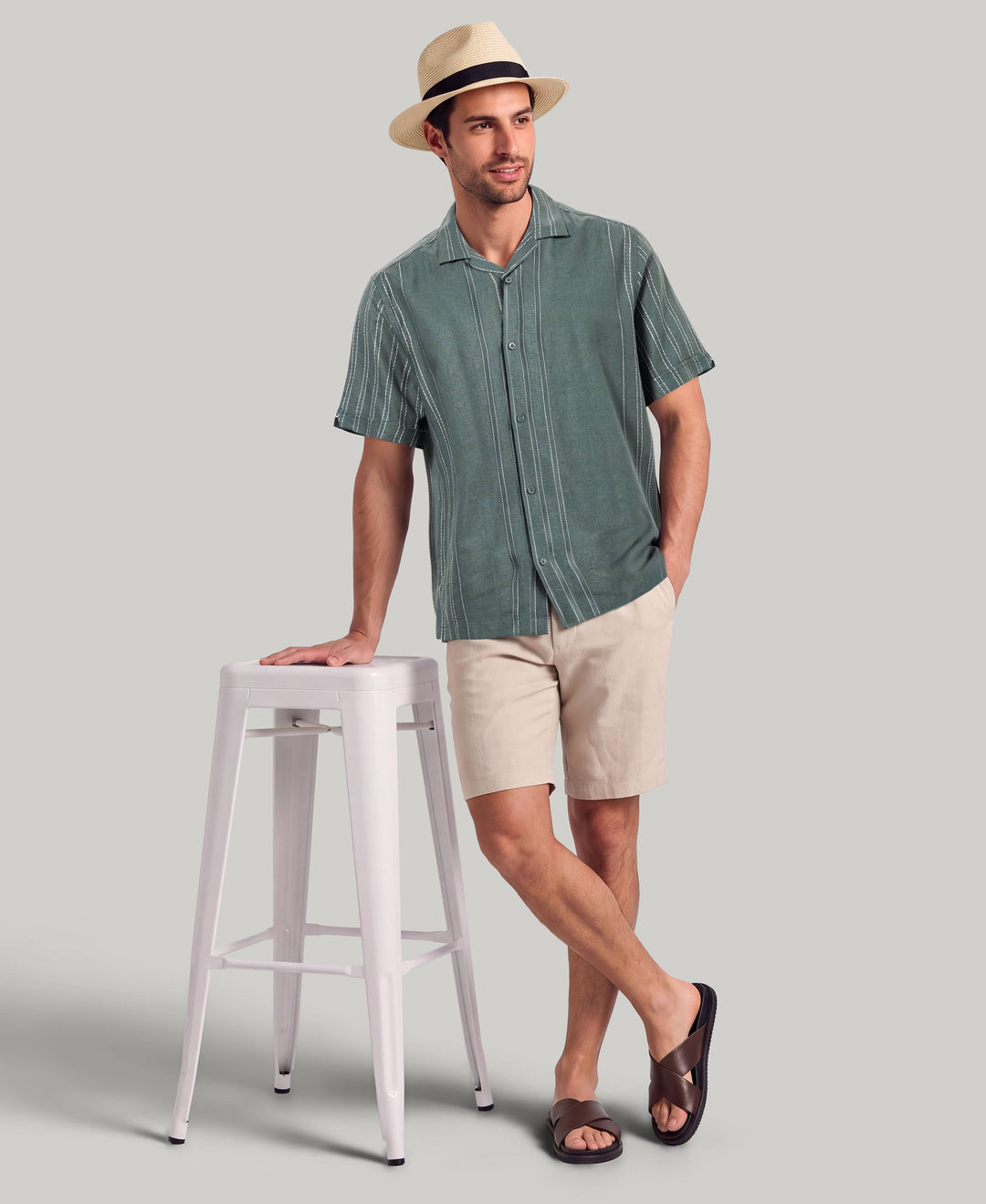 Linen Blend Engineered Stripe Shirt (Balsam Green) 