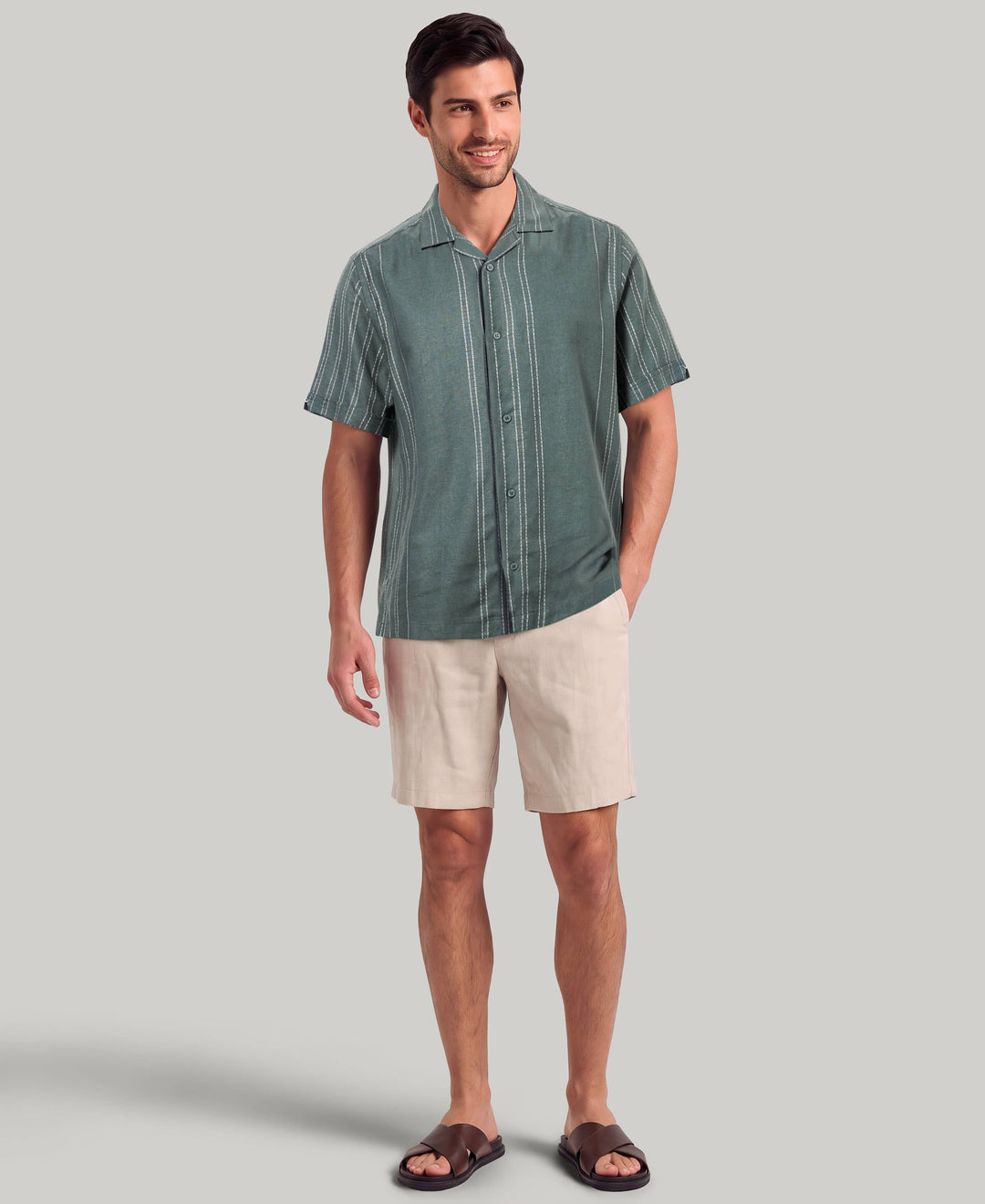 Linen Blend Engineered Stripe Shirt (Balsam Green) 