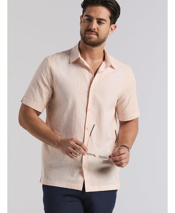 Linen Blend Engineered Stripe Shirt-Casual Shirts-Cubavera