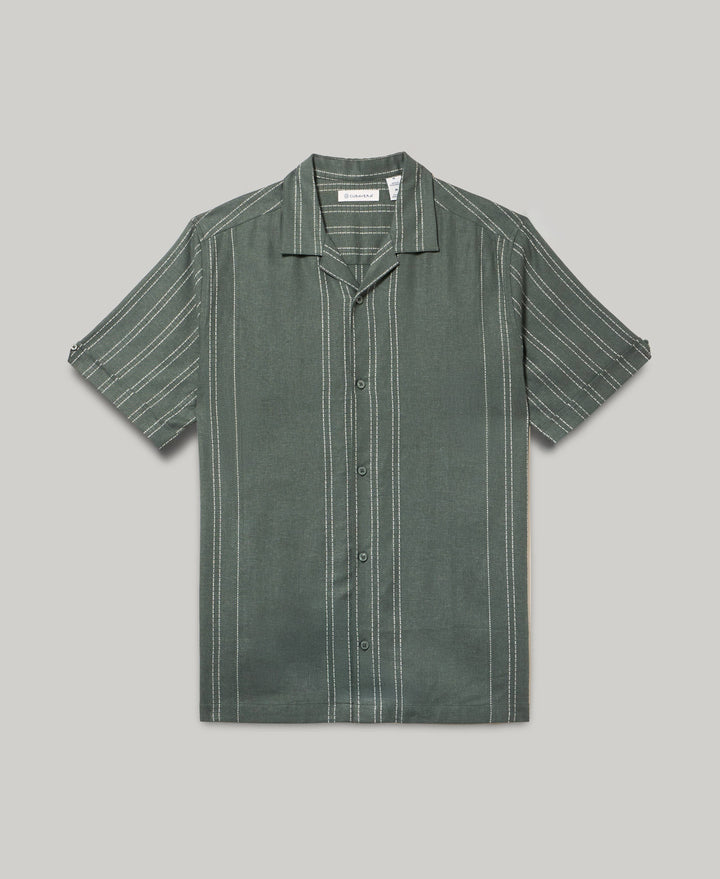 Linen Blend Engineered Stripe Shirt (Balsam Green) 