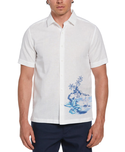 Linen Blend Flamingo Print Shirt (Brilliant White) 