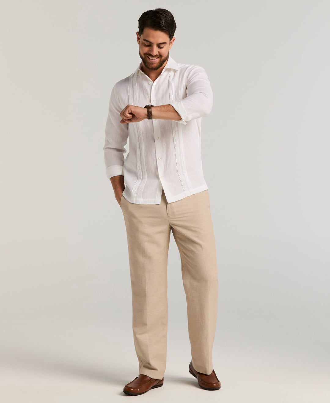 Linen Blend Flat Front Dress Pant (Khaki) 