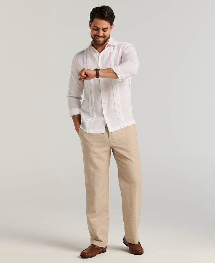 Linen Blend Flat Front Dress Pant (Khaki) 