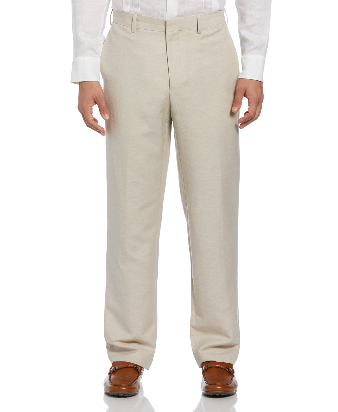 Linen Blend Flat Front Dress Pant (Khaki) 
