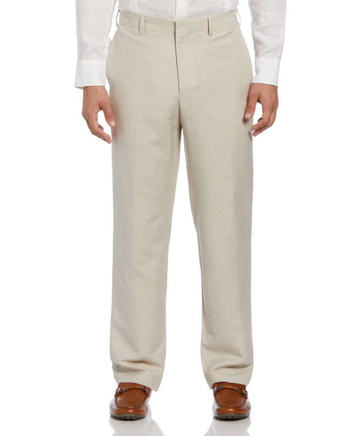 Linen Blend Flat Front Dress Pant (Khaki) 