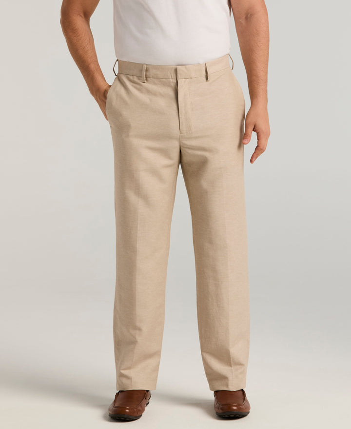 Linen Blend Flat Front Dress Pant (Khaki) 