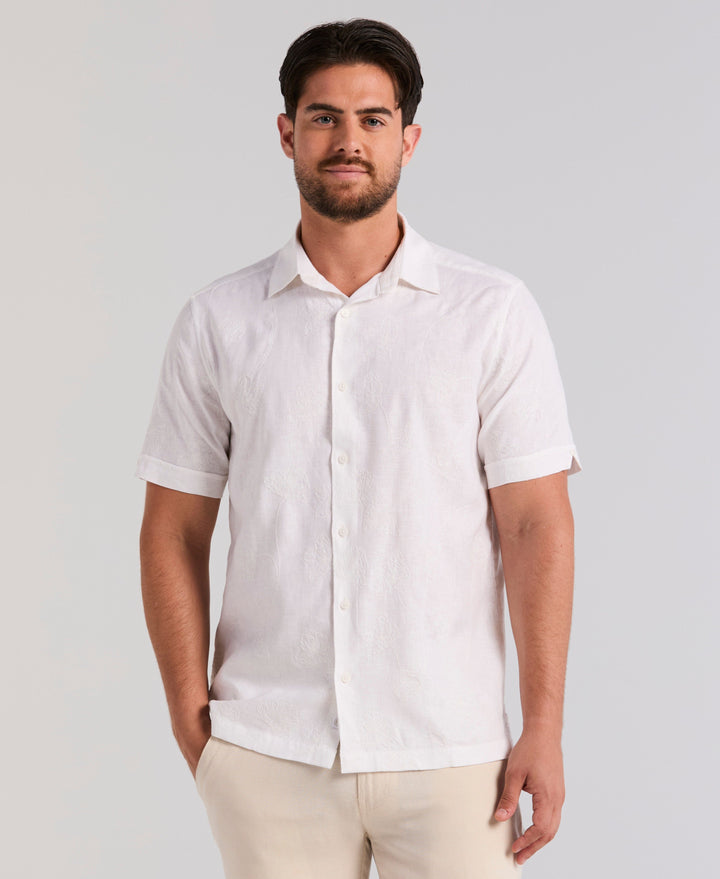 Linen Blend Floral Shifley Shirt (Brilliant White) 