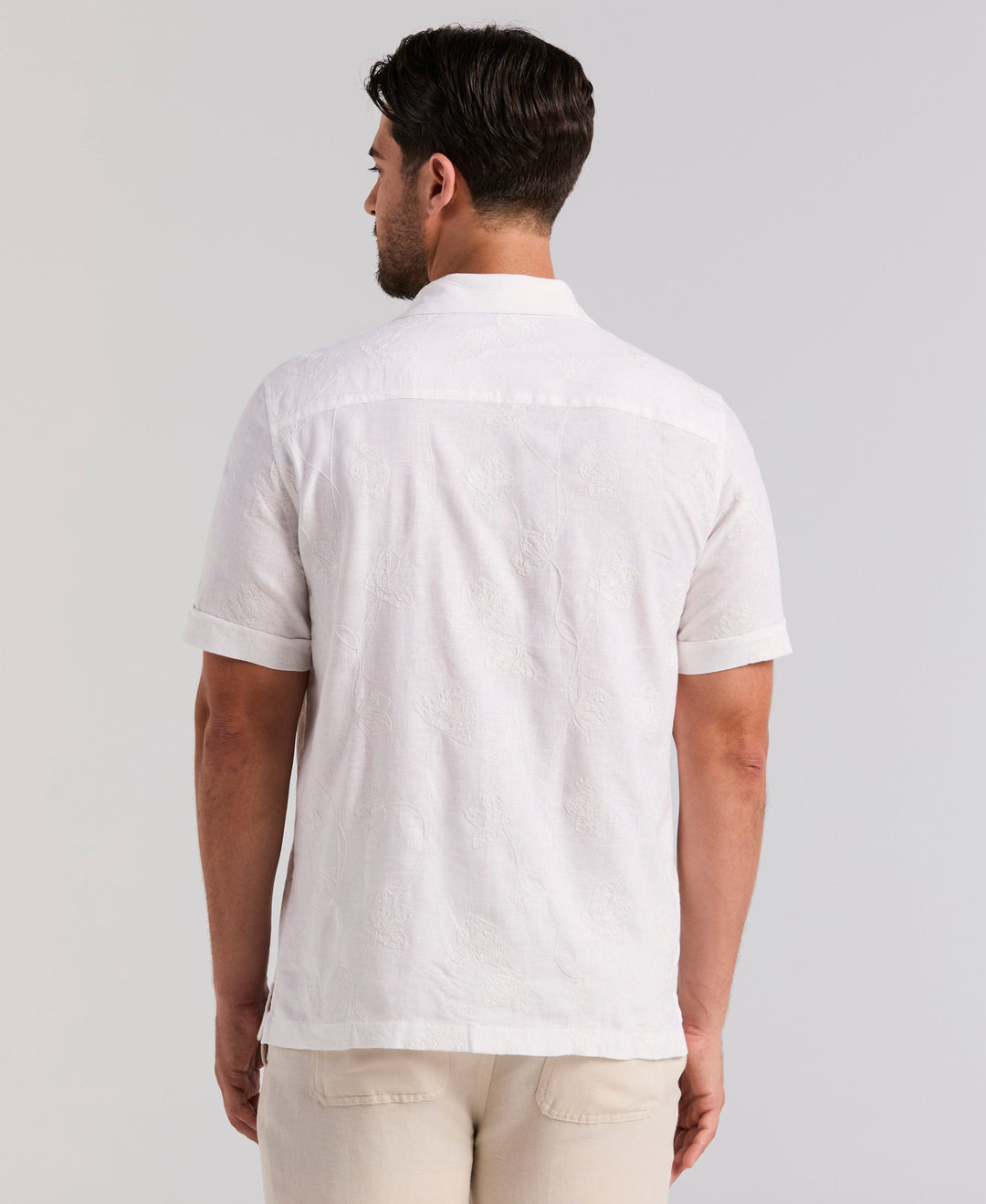 Linen Blend Floral Shifley Shirt (Brilliant White) 
