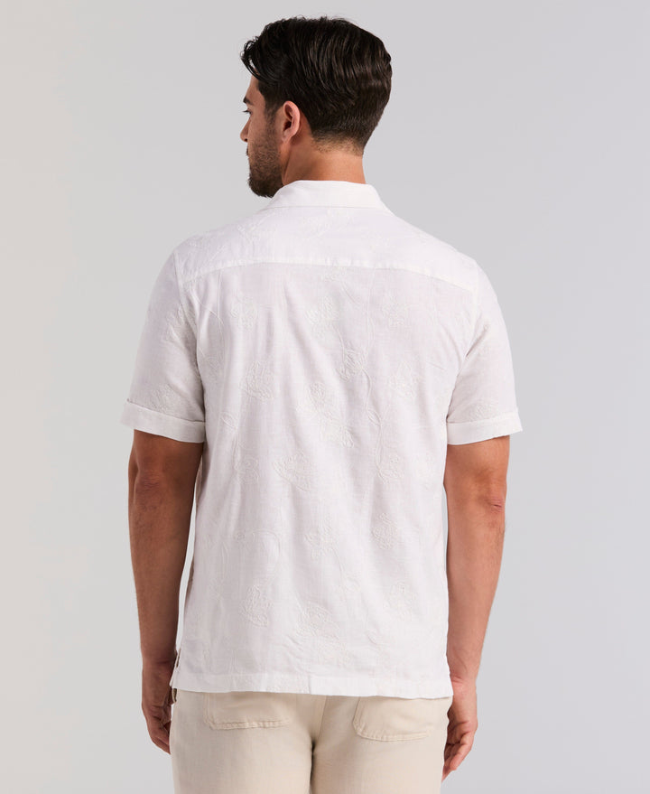 Linen Blend Floral Shifley Shirt (Brilliant White) 
