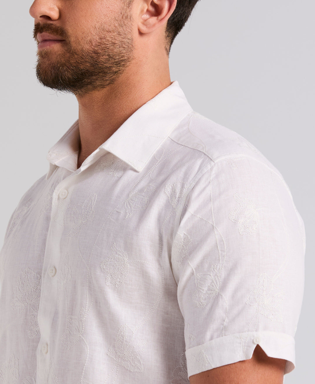 Linen Blend Floral Shifley Shirt (Brilliant White) 