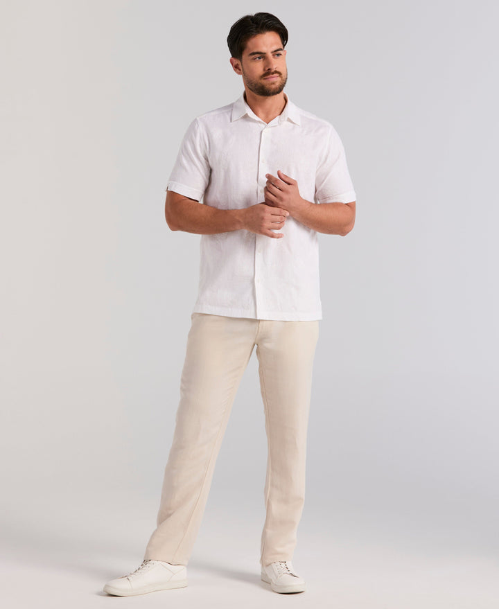 Linen Blend Floral Shifley Shirt (Brilliant White) 